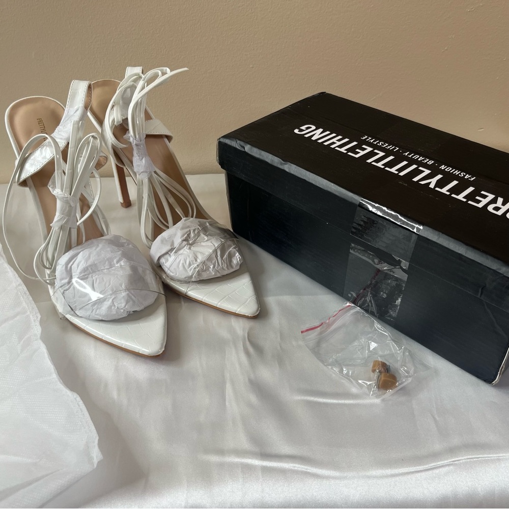 White Croc Point Toe, Clear Strap, Lace Up High Heeled Sandals